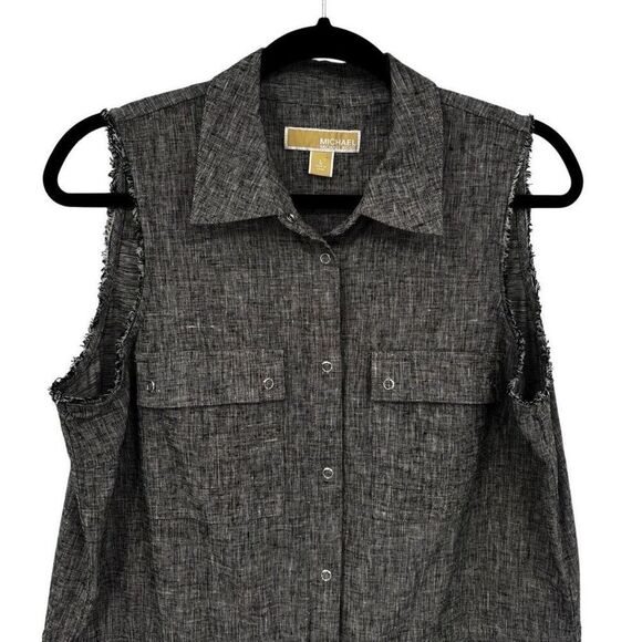 Michael Kors Linen Frayed Sleeve Snap Button Drawstring Dress Black Size Large - Picture 3 of 9